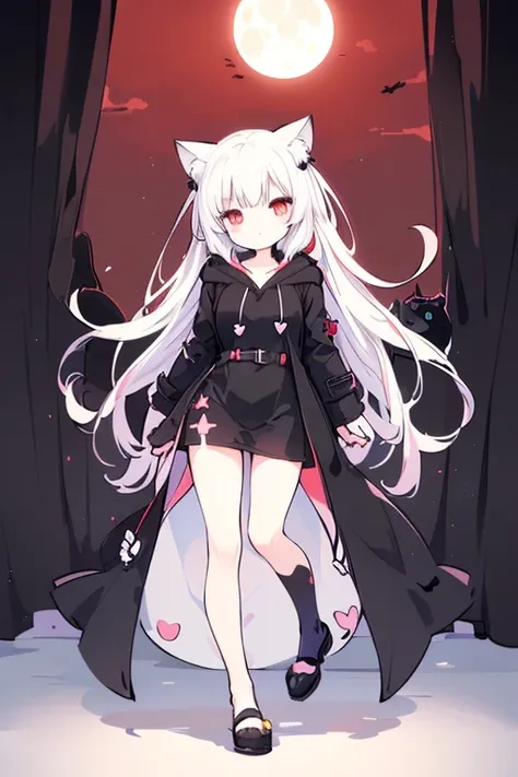 (((((Full moon night)))))，((((((( Black Cat Ears Hooded Coat)))))))，(((((( big red eyes))))))，(((((((Lori Dress )))))))，((((((( long hair))))))))，(((((((( cute girl))))))))，(((((((solo)))))))， high res, masterpiece, accurate,  top quality ,  high definitio...