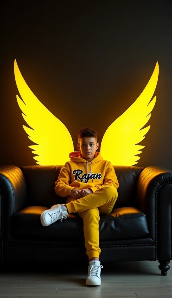 A boy lounging on a stylish black leather sofa, dressed in a yellow hoodie with the name Rajan prominently displayed and white sneakers. Yellow Glowing angel wings spread out behind him, illuminated against a plain black wall, giving the scene a bold and s...