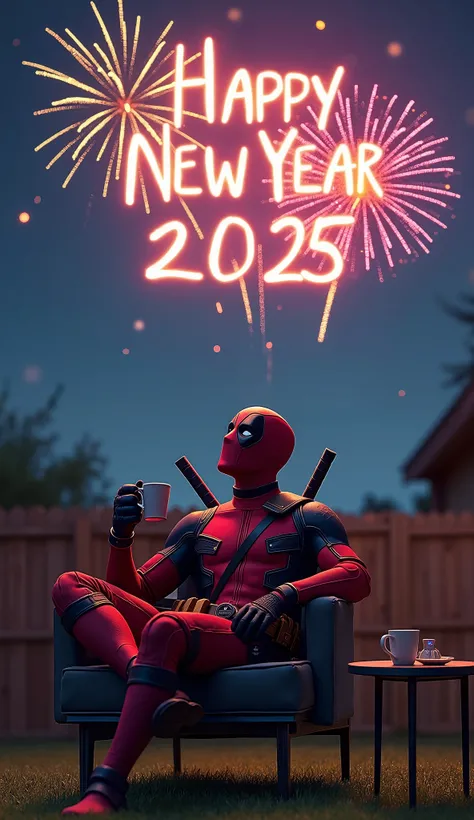 "An image of the superhero Deadpool sitting relaxed in a chair with his legs crossed, alone in his backyard at night. He is holding a cup of coffee, with another cup placed on a small table beside the chair. Deadpool is gazing up at the clear sky, enjoying...