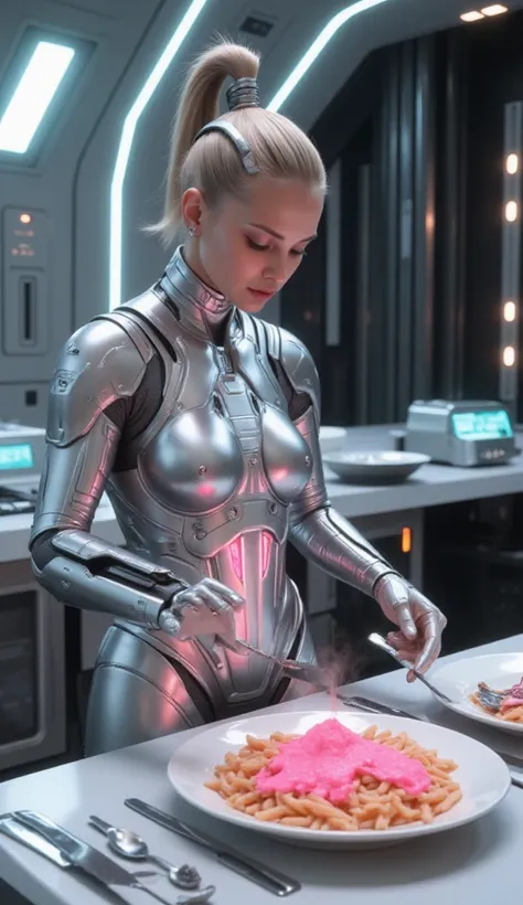 in 2050 future  beautiful  female cyborg  making pink sauce  penne pasta 