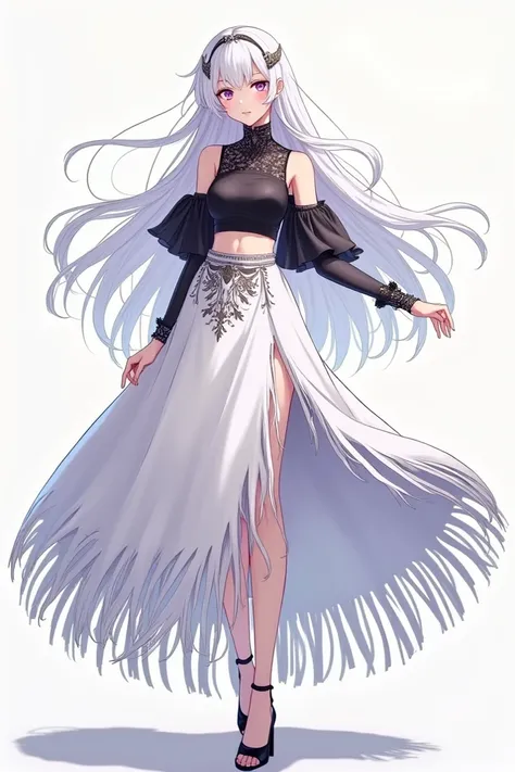  The anime female character has white hair purple eyes and is beautiful , the front part of the hair is split to the sides and without bangs,  long hair straight and loose  ,  black croptop with open shoulders  , white dress with long fringe  , black high ...