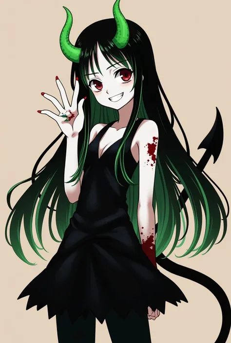 A girl from One Piece with long black hair with green streaks, very white skin, red eyes, long green devil horns, very long devil nails, a smile, a long devil tail, a slightly torn black dress, and blood on her hand.