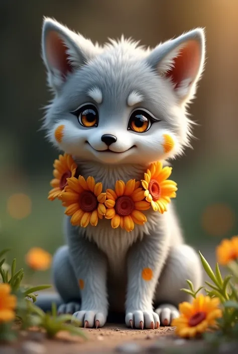 a cute gray wolf cub with some orange spots, full body, with flower necklace, realistic, 3D