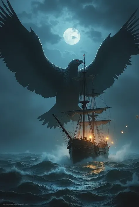 A ship attacked by a big monster bird in night  vedio in 1 minute 