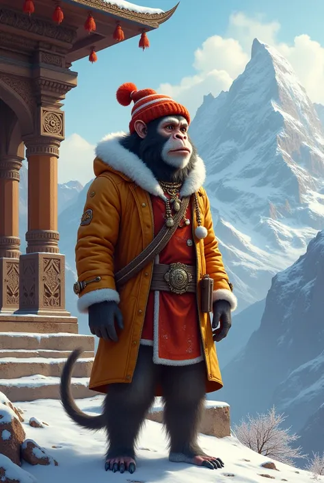  Hanuman in winter aur put on the cap and jacket background in temple and mountain