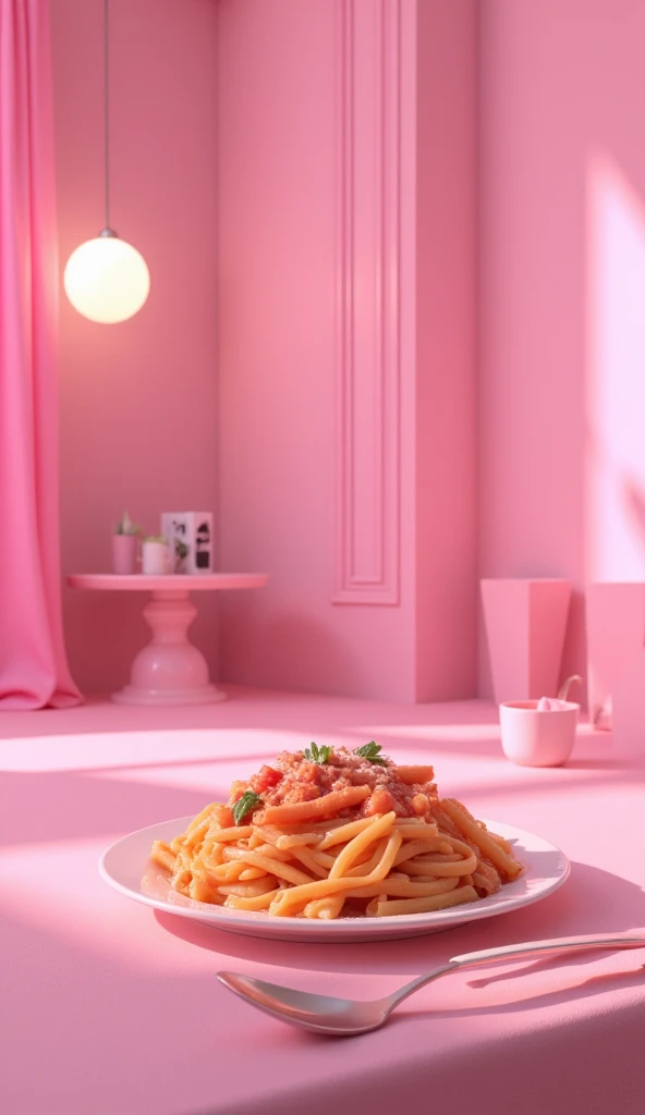 hyper realitic pink sauce penne pasta plate in the center of a  beautiful , aesthetic pink room 