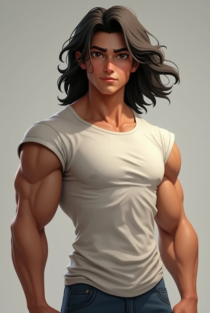 Make me a character whose body color is brown and whose hair is long and who is in an awesome position and who is male he is a young boy  20 years old he is shirt