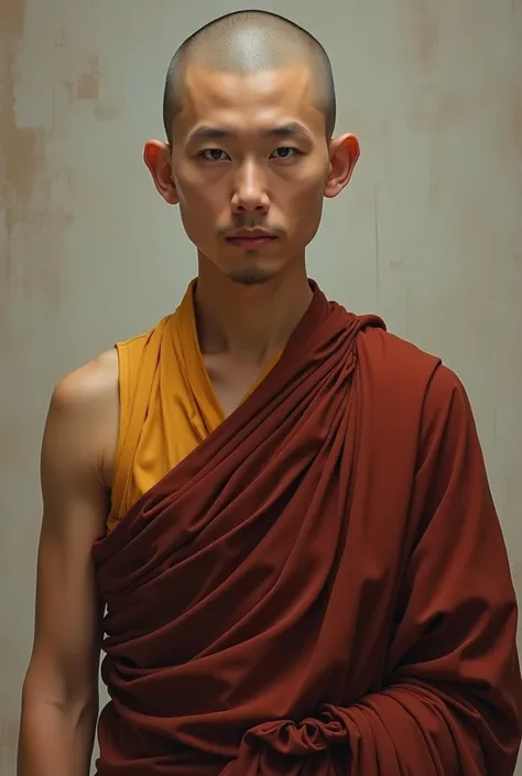 An image of a Buddhist monk from the waist up, HEAD ON, looking at the camera