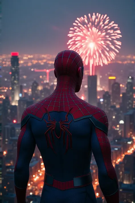 Spiderman with his back looking at the city at night with fireworks 