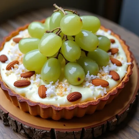  round shortcrust pastry cake with buttermilk quark filling with green grapes, Almond and grated coconut topping 