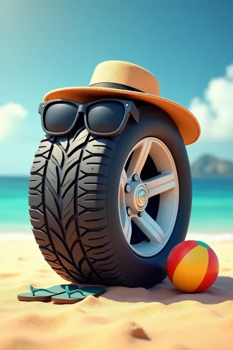  Car tire with rim with sunglasses and hat, half-profile ,  standing on the sand ,  next to them a beach ball , realistic sunglasses and flip flops ,  ocean background  