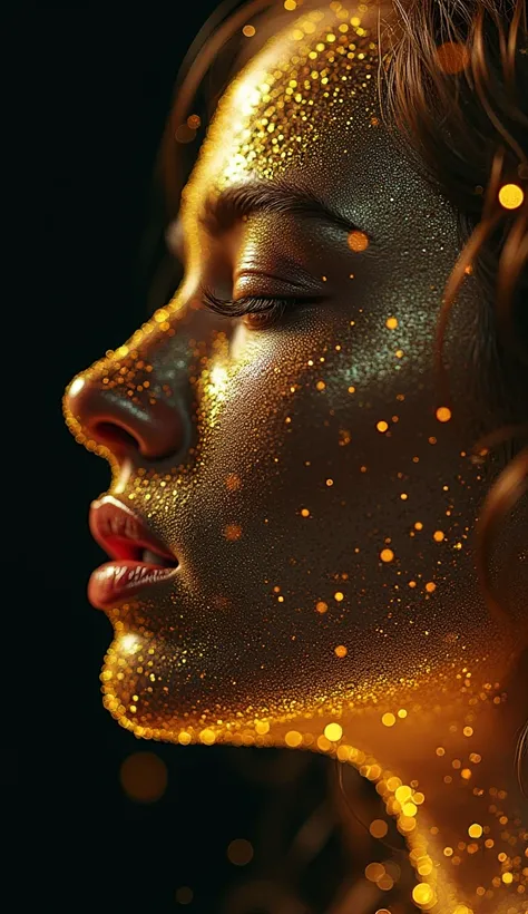 Solo Girl face, double exposure, creative ai, generative ai, UHD, Super Detailed, Anatomically Correct, Masterpiece, Accurate, Award Winning, High Resolution,  gold and blavk hues, golden cyber threads, dry flowers