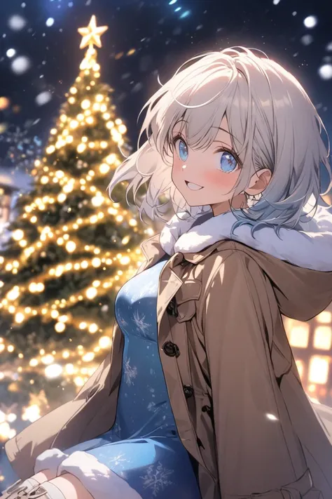 An original character with short hair that has a blue gradient at the tips and beautiful blue eyes gazes at the sparkling illuminations. She is wearing a tight knit dress with a gradient from blue to white, thigh-high boots, and a long brown coat. Under th...