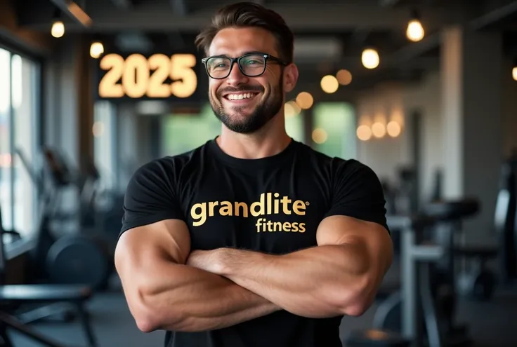 Handsome, muscular European man wearing glasses and a black T-shirt with the words "grandlite fitness" in gold, standing at an angle with his arms crossed, in a fitness room and having fun, with a sign on the back that says "2025" above it.