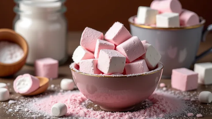 "A vibrant and detailed image emphasizing the sugary sweetness of marshmallows. The composition features a bowl overflowing with fluffy marshmallows, dusted with a generous coating of sparkling granulated sugar that glistens under soft lighting. Some marsh...