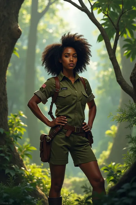 Mulatto woman with medium curly hair like Pathfinders uniform trained as a leader with her hands around her waist with her bottom in the middle of nature