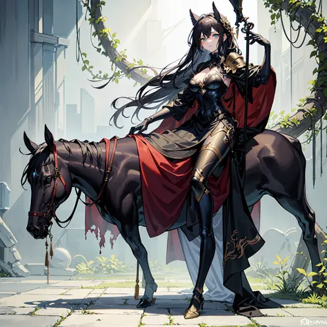 (((masterpiece, best quality, high detailed, 16k))) (1girl) A haunting figure in rusted armor, riding a sickly green horse. Her armor is corroded and her cloak billows with dark mist. In one hand, she holds a staff covered in poisonous vines, and her eyes ...