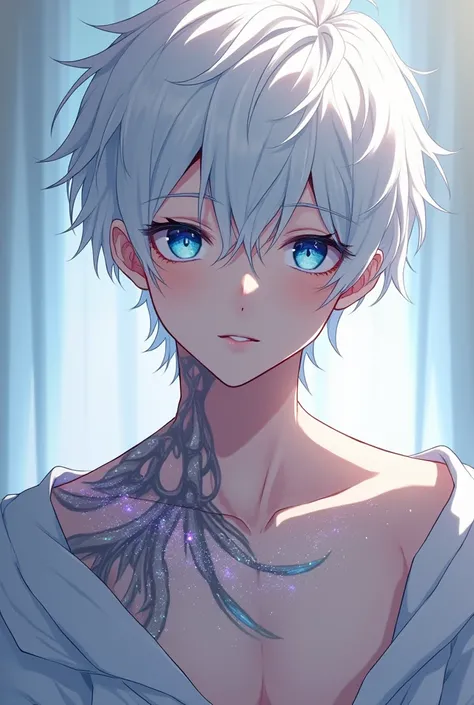 naked anime boy with white hair and blue eyes he has a shiny tattoo 