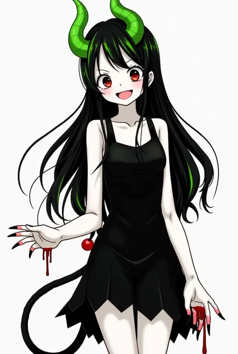 A girl from One Piece with long black hair with green streaks, very white skin, red eyes, long green devil horns, very long devil nails, a smile, a long devil tail, a slightly torn black dress, and blood on her hand.