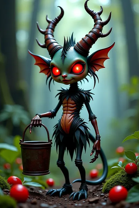 A whimsical yet eerie demonic creature standing in a lush, enchanted forest | its body is formed from twisted branches, darkened leaves, and glowing red berries resembling blood droplets | a sinister yet delicate face with sharp features and glowing eyes |...