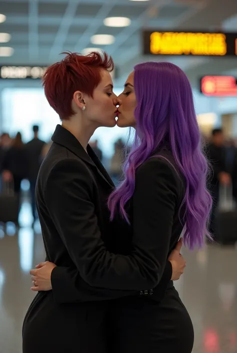 2 Very attractive caucasian females, 1 with with short pixie cut dark red hair, aged 27 years, the other Kenna James with long bright purple hair, kissing goodbye at Heathrow airport