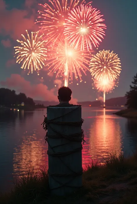 a person tied to a large firework on the river bank, with a view of the fireworks in the sky, realistic styling 