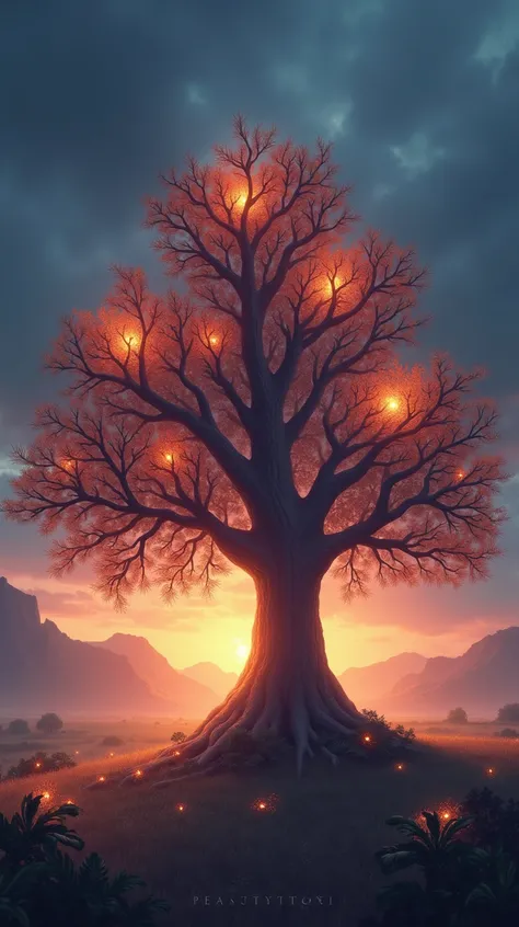 a tree with lights in the branches in a field, magical tree, fantasy tree, magic tree, background artwork, warm fantasy lighting, background art, the bodhi tree at sunset, glowing lights! digital painting, gorgeous art, beautiful art, the tree of life, a b...