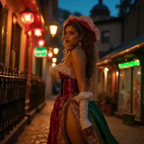 sexy latina depicted in a Gaslit Evening Promenade, strolling along cobblestone streets beneath warm, flickering lanterns. Showcase elaborate Victorian attire and wrought-iron railings, illuminated by soft red and green glows