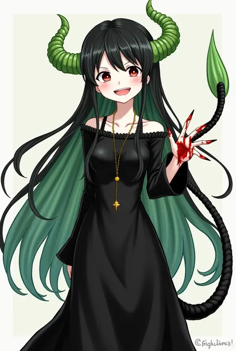 A girl from One Piece with long black hair with green streaks, very white skin, red eyes, long green devil horns, very long devil nails, a smile, a long devil tail, a long black dress that is slightly torn, with blood on her hand.