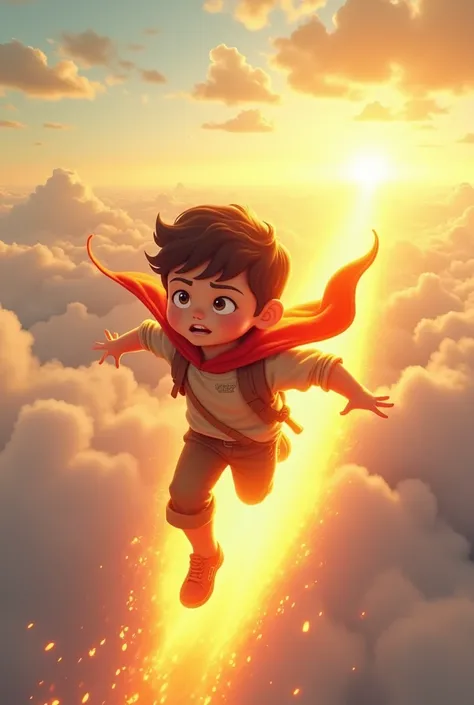 Boy flying with a trail of fire 