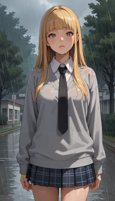 Score_9, score_8_up, score_7_up, score_6_up, source_anime, rating:general, 1girl, golden blonde hair, pale skin, long hair, hime cut, grey eyes, worried, blush, lip gloss, white collared shirt, black ribbon tie, grey sweater, plaid pleated skirt, wet cloth...