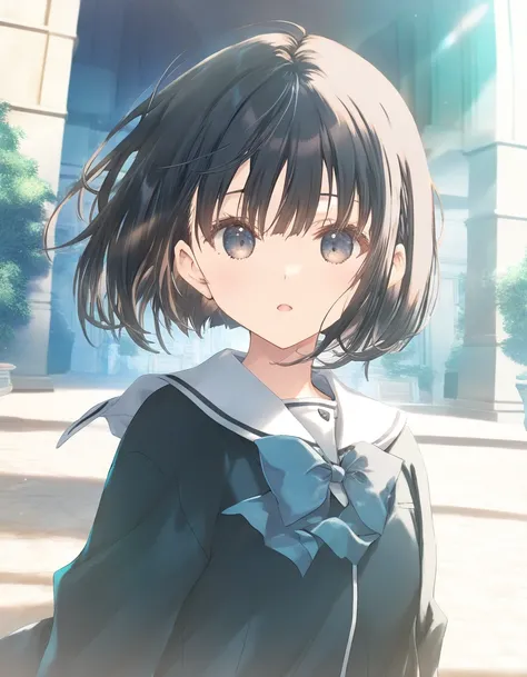 1girl, school, little female, black hair, short hair, bob cut, beautiful detailed eyes,open mouth, expressionless, outdoors,wind,fantasy, game CG, break,(artist:mitsumi_misato),artist:fujiyama,artist:kokonoka, break,(masterpiece), (best quality), (ultra-de...