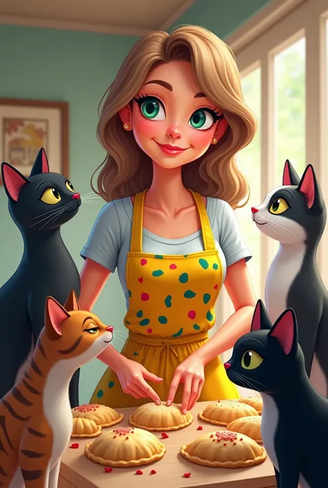  Make a woman over 50 years old , looks younger ,  with green and blue eyes , with light brown hair and a little long,  he wears ,  do it with a cartoon style making empanadas and with 4 cats: a black cat,  another striped half belly and 2 white and black ...