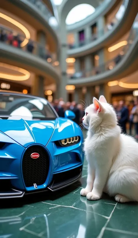 (photorealism:9.16),  A beautiful baby with adorable white skin , big nose,  long shiny black hair ,  wearing cool and luxurious clothes ,  sitting in front of a blue Bugatti Chiron car of black variation in the middle floor atrium of luxury and mega shopp...