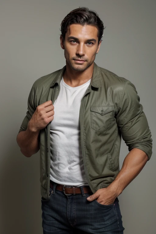 Handsome Man 38 years old, lean muscular body, tan skin olive, his eyes are blue with gray and green flecks, 1.90m, his hair is dark brown with natural waves that flow down his shoulders, a little stubble unshaved, wearing a black jacket, white shirt and j...