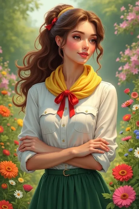  Brunette woman long curly hair tied in a ponytail ,   with a yellow scarf around her neck with a red ribbon on the edge of the entire scarf,  poured with a white dress shirt with 2 chest pockets , a green skirt with hands around the waist in a flowery gar...