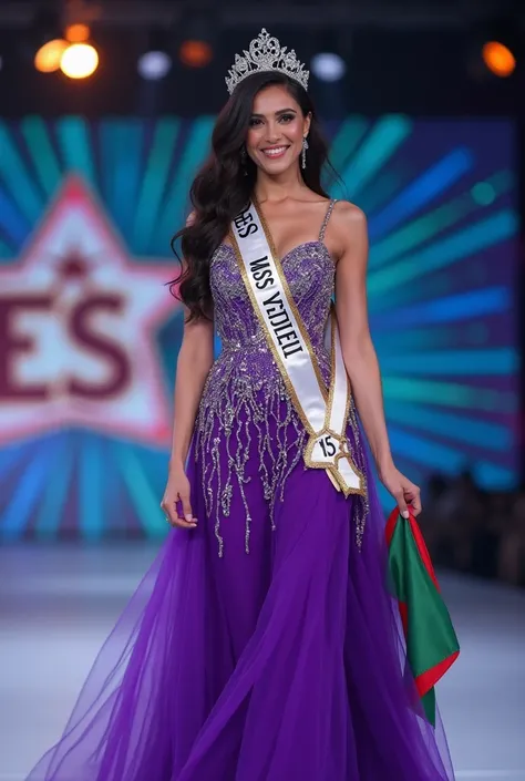 a beautiful woman from Bangladesh .smiles.becomes miss universe.her hair  bride side hair style wearing a long bright purple dress with a combination of silver and a motif of a peacock spreading its feathers. wearing a crown. wearing a sling ribbon that sa...