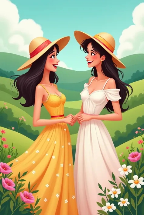 cartoon of two women wearing dresses and straw hats