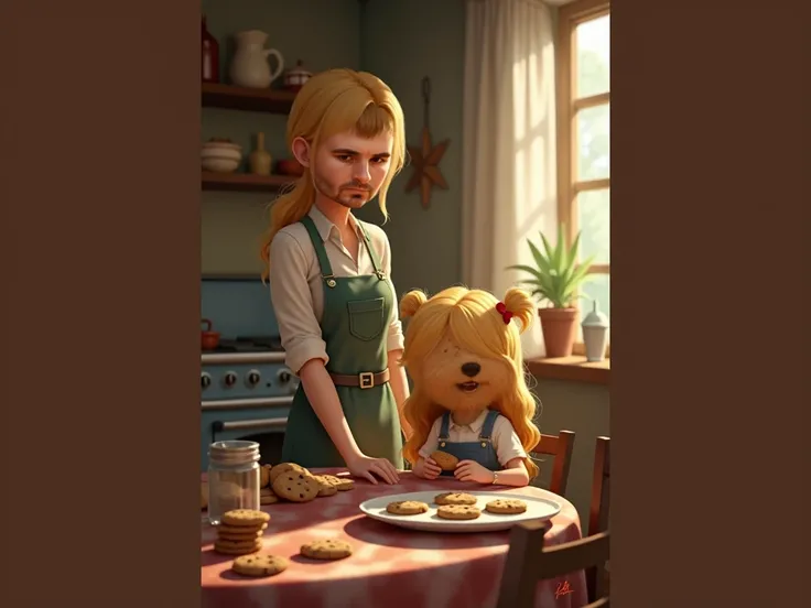  with blond hair and blue eyes ,  is sitting in the kitchen next to an old stove and eating hot cookies. Next to her, at the stove, dad and mom with blond hair and green eyes 