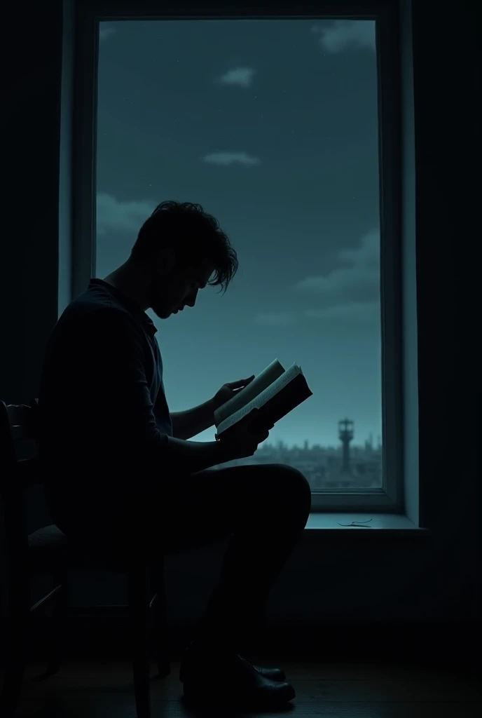 A man sitting at the window ,  backwards,  with a book on a small table.  A dark climate , As if there were night 