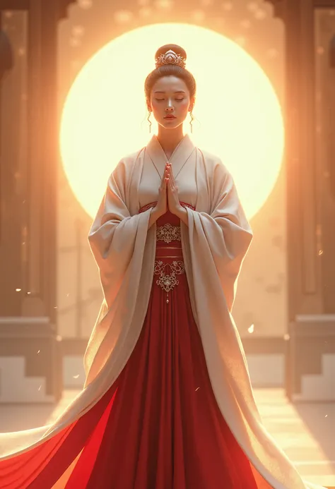 (masterpiece:1.3), (8K, Realistic, RAW Photos, Best image quality: 1.4), raw photo,  
((Best Quality)), ((masterpiece)), ( Details), Japanese miko is wearing a flowing white and red kimono houi. Her hands are clasped in prayer and she has a serene, compass...