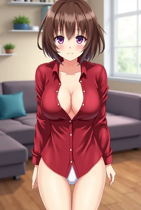  anime girl image, 40-year-old adult , short brown hair, white stripes,  purple eyes,  wearing only an unbuttoned red button-down shirt, She is not wearing bras , white panties, barefoot,  smiling flirty ,  living room as background .