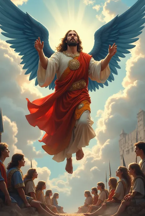 Create a realistic image of Jesus under cotton clouds. Jesus is levitating wearing a sacred red and orange mantle. The mantle has many details in stones. These stones shine. Jesus has large wings in blue and gold. Sitting on the clouds are several baby ang...