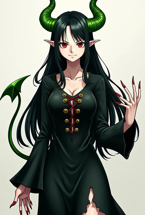 One piece anime/A girl from One Piece with long black hair with green streaks, very white skin, red eyes, long green devil horns, very long devil nails, a smile, a long devil tail, a long black dress that is slightly torn, with blood on her hand.