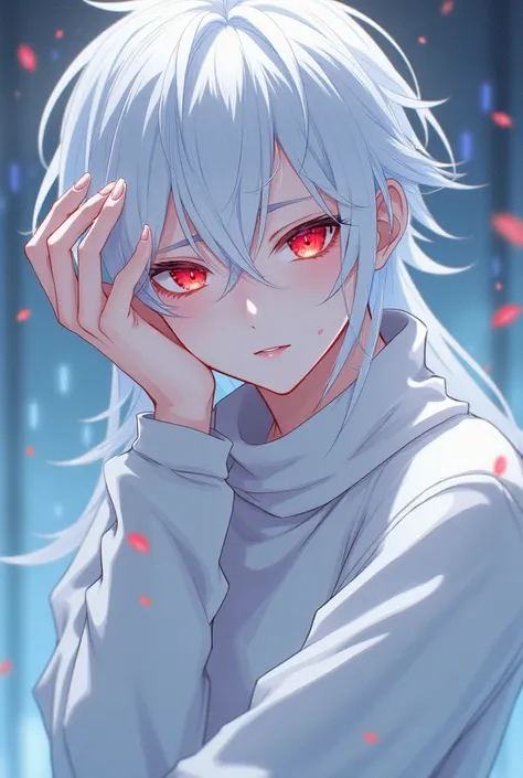 Handsome anime man with glowing red eyes, white hair wearing a white tight-fitting sweater with long slender fingers