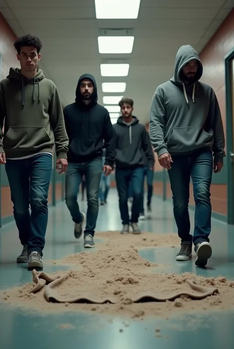 Dans un hall, des étudiants masculins en survêtement et sweat à capuche, marchent et piétinent et écrasent une veste jetée par terre sous leurs pieds. Les pieds sur la veste pleine de boue.