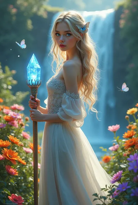 a girl with ice-blue eyes, beautiful detailed lips, and long eyelashes, standing in the middle of a vibrant garden, surrounded by colorful flowers and lush greenery. The girl is wearing a flowing dress, with intricate patterns and delicate embroidery.

The...