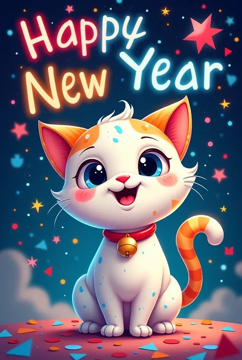 An artistic and colorful illustration of a cute cat celebrating the New Year 2025. The cat has large, shining eyes and a whimsical expression, with white fur accented by orange on the ears and blue sparkles on its body. It wears a red collar with a golden ...