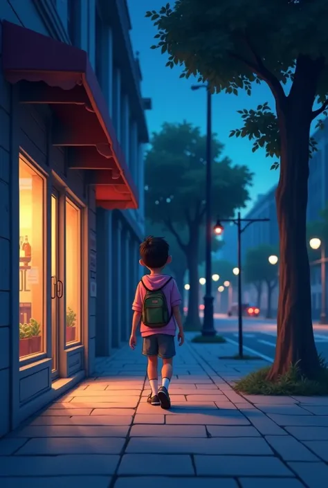  A 30-second animation set on a quiet street in the city during the city .  The scene begins with a vision of a sidewalk illuminated at night by soft light poles .  The sky is clear ,  with some visible stars .  The camera follows a character who walks slo...