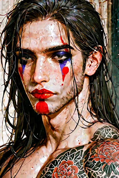 Man is expressionless, tattooed all over his body, long haired, dark haired, clown makeup, the background is the countryside at night